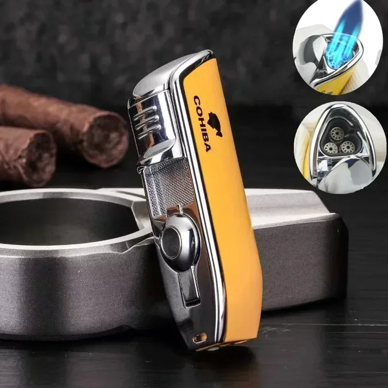 

COB Cigar Lighter Windproof Metal Lighter, Three Flame Blue Flame Direct Jet Butane Portable Cigar Punch Texture Small Gift