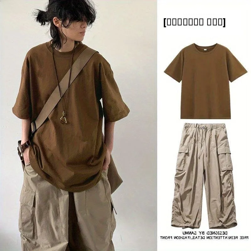 

Loose Fit ort Sve T-irt with Big ket Wide Leg Workwear Pants Single Piece Japanese Sle Lazy Men's Heavyweight Clo...