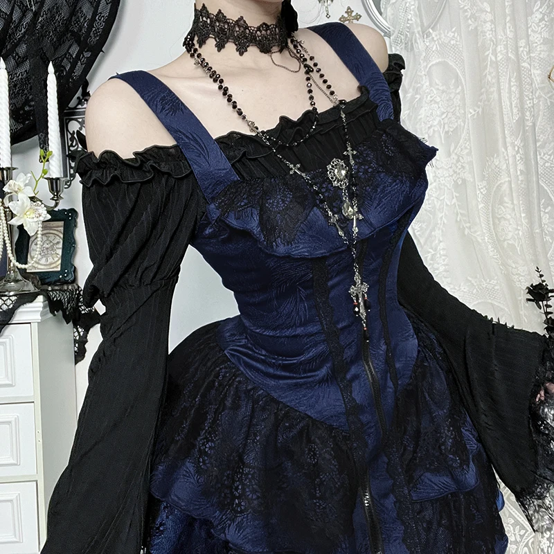 Goth Jacquard Lace Trim Square Collar Zipper Corset Strap Short Dress New Fashion Lolita Slim Mini Dresses for Women Autumn
