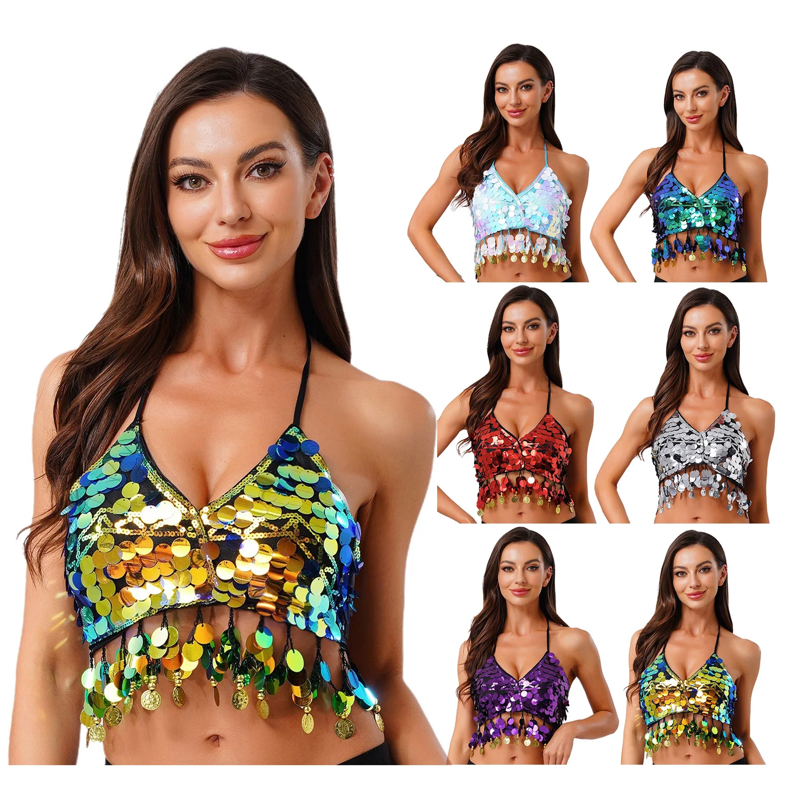 女性用光沢スパンコールベリーダンスブラトップ、ホルターネックVネック、胸パッド付き、スパンコールフリンジ、レースアップブラ、クロップトップ、ダンスクラス、パフォーマンス用