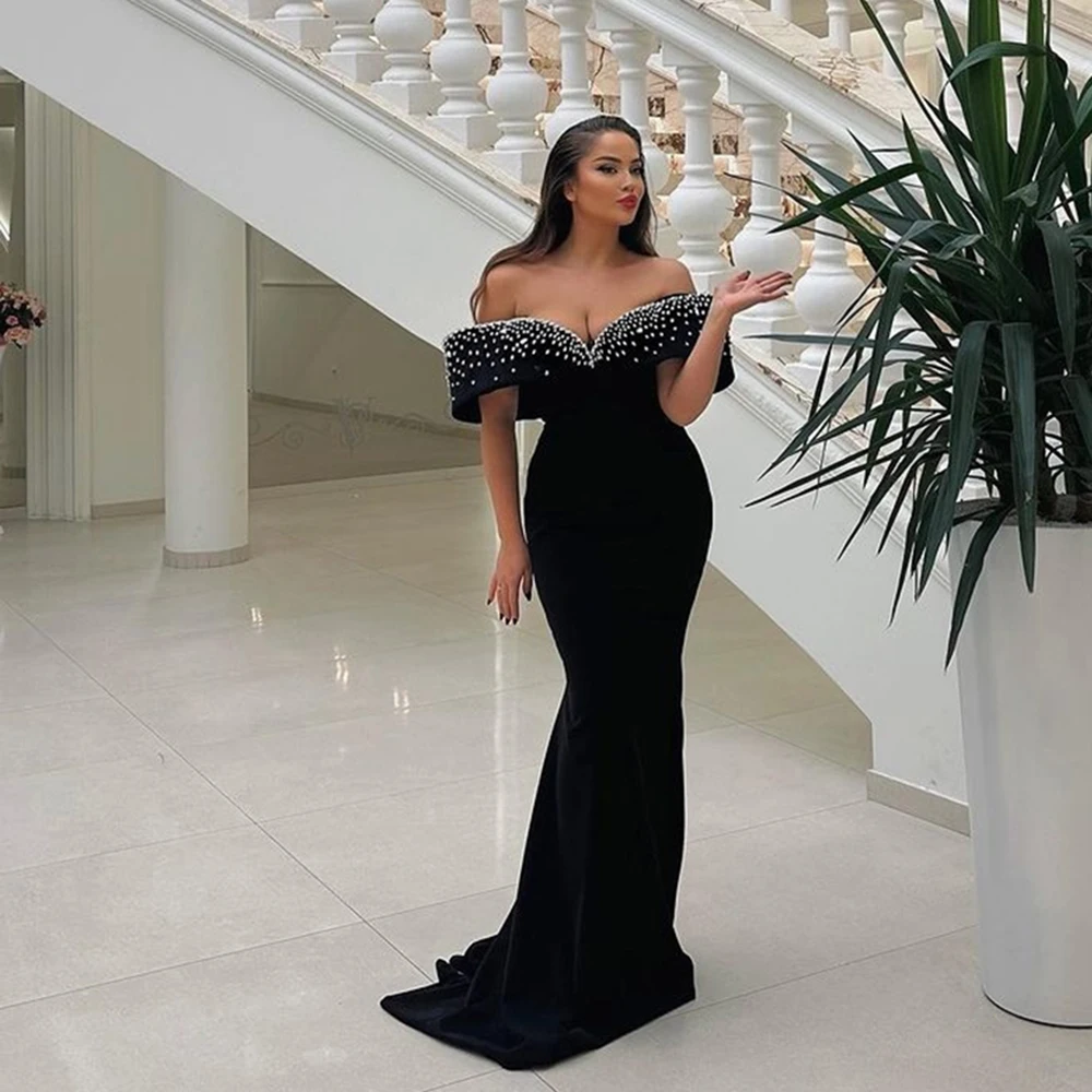 Msikoods Black Formal Dress Mermaid Beads Strench Satin Prom Dress Women Party Dress Off The Shoulder Prom Gowns Evening Dress