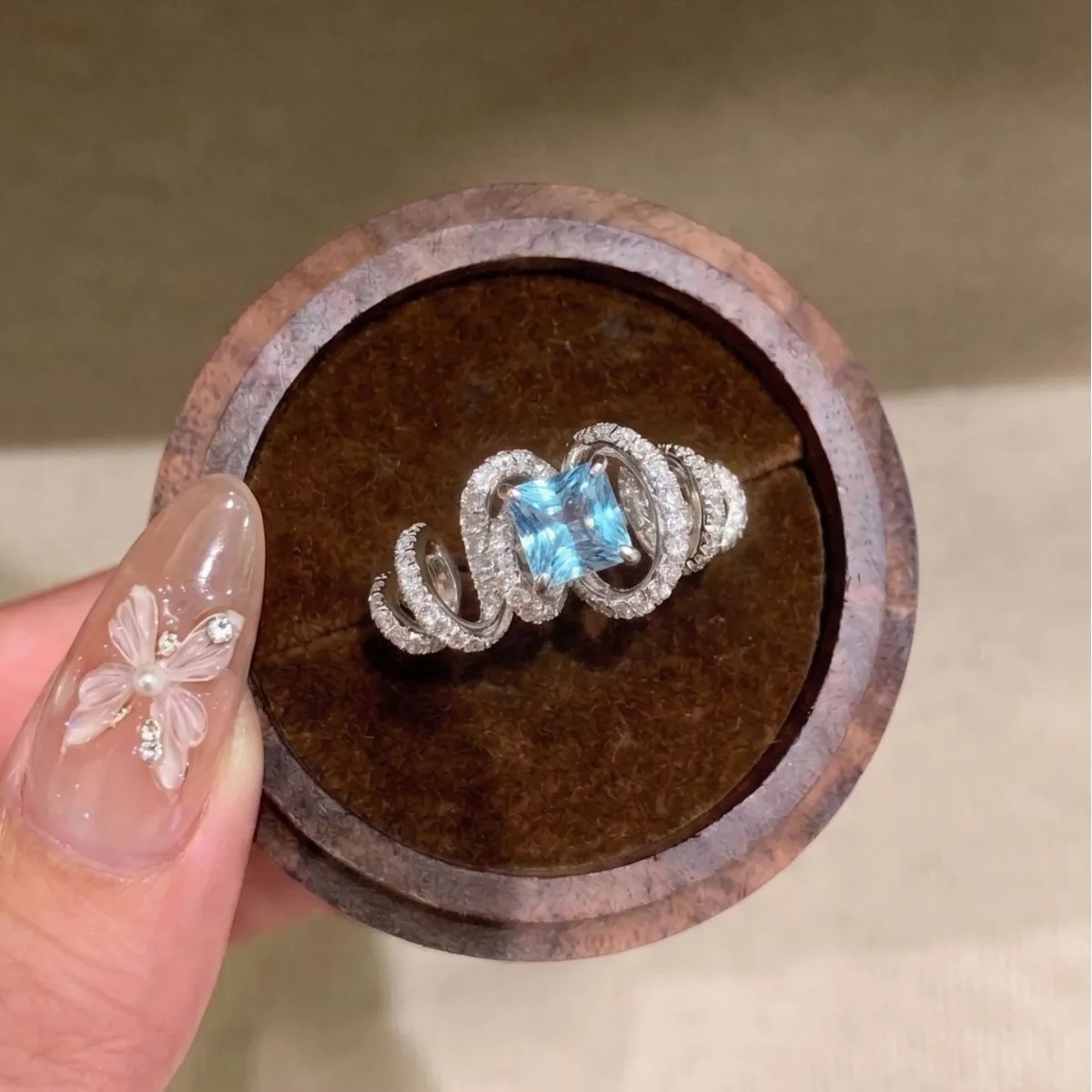 Silver Tone Square Light Blue Crystal Ring for Women, Twisted Snake Wrap Paved Clear Zircon Statement Cocktail Jewelry Gift ﻿