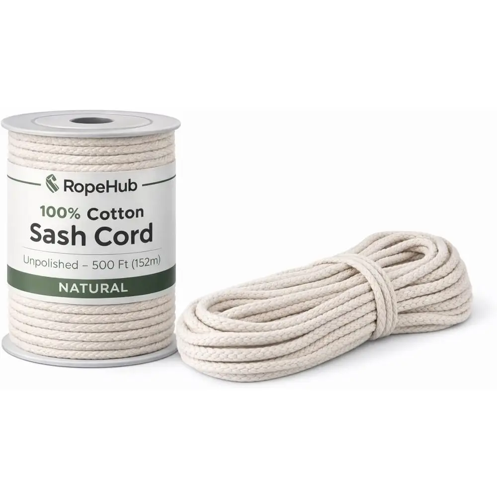 Natural Cotton Sash Cord - Multipurpose Rope for Tying, Clotheslines, and Decorative Uses (1/2 x 600ft Spool)