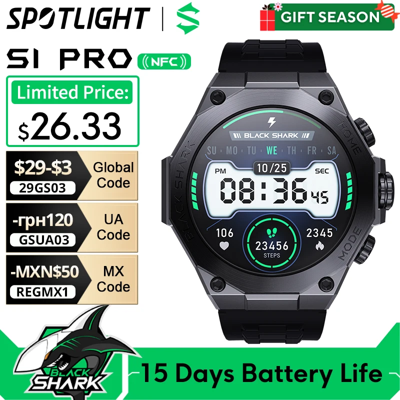 [World Premiere] Global Version Black Shark S1 Pro Smart watch 1.43\'\' AMOLED Wireless Charging 15 Days Battery Life NFC Chat GPT