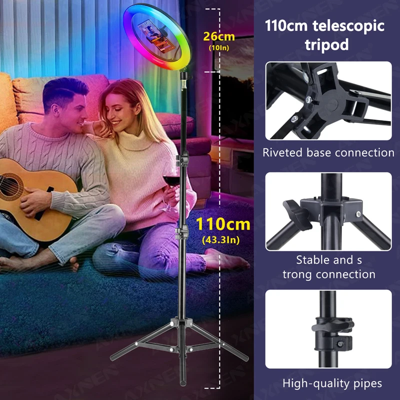 ضوء حلقة سيلفي 26 سم RGB ملء LED مع حامل جهاز تحكم عن بعد للهواتف الذكية والفيديو المحمول والإضاءة الفوتوغرافية المباشرة