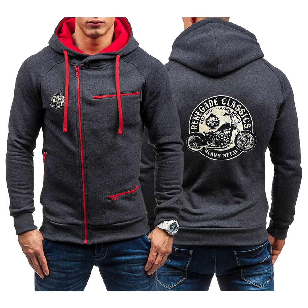 Autumn Zip Hoodie Men Vintage Glory Bounds Motorcycle USA Print New Casual Solid Color Long Sleeve Sweatshirts Streetwear Coat