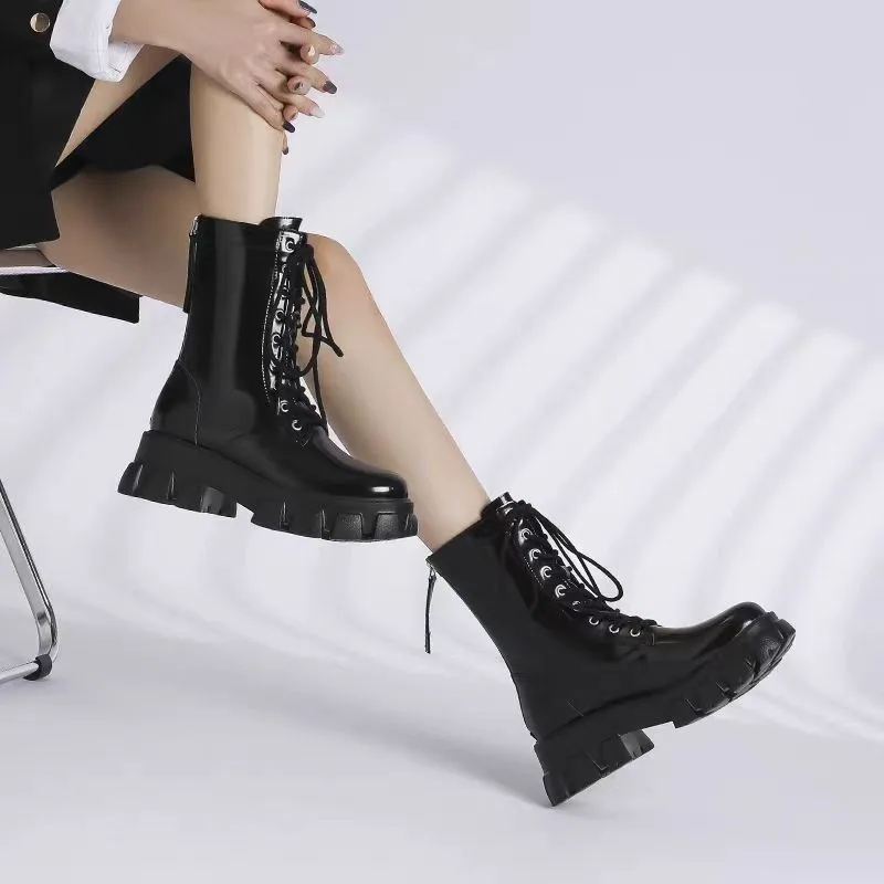 2024 Spring/Autumn Trendy Versatile Rear Zipper Thick soled Tall Short Boots Work Clothes Motorcycle Boots Women's Casual Shoes