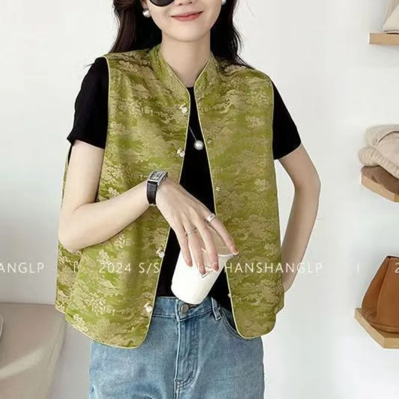 

Women's Spring Autumn Blouse Jacket Vest Vertical Collar Retro Jacquard Vest New Chinese Style Double-sided Simple Comfortable