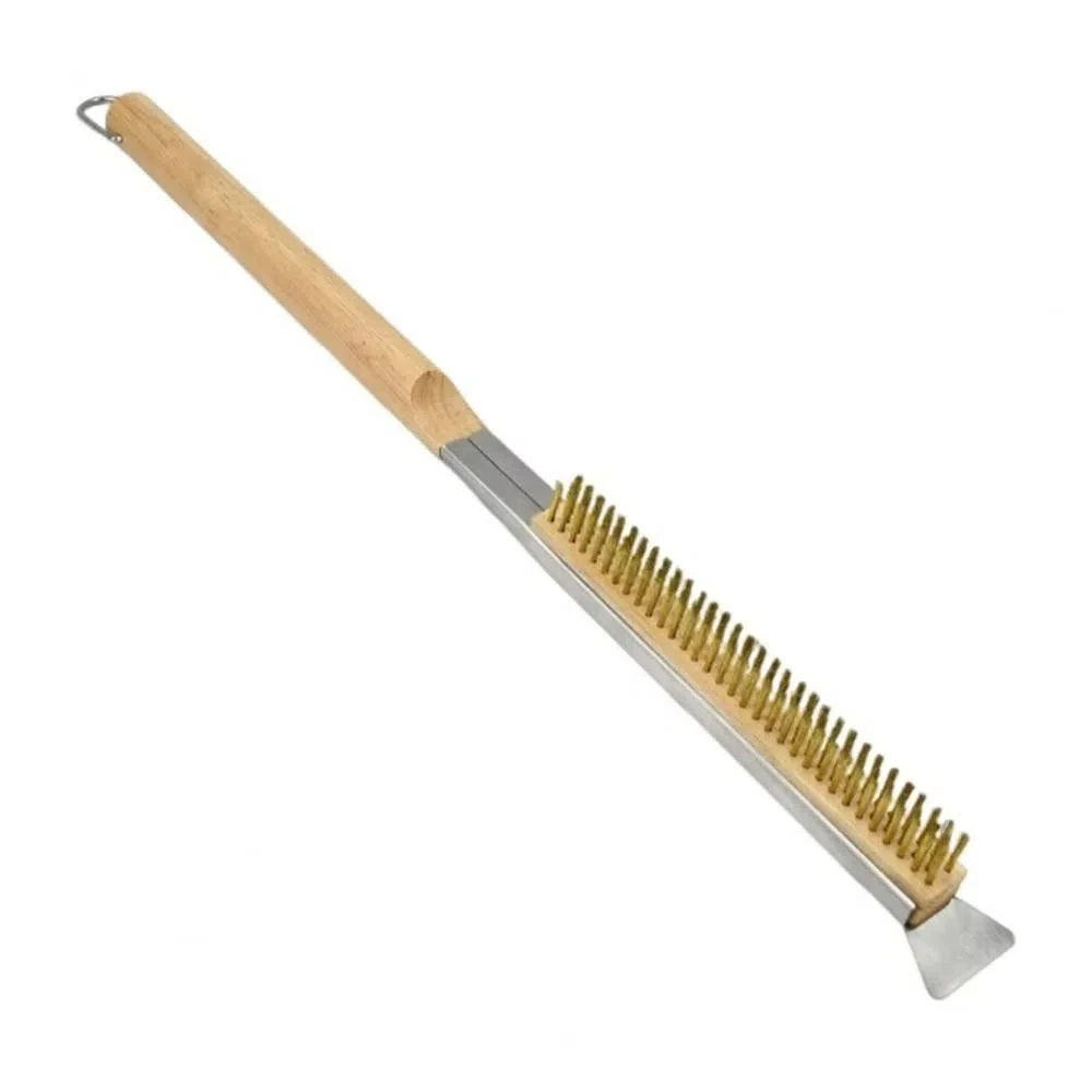 

53.5cm Long Kitchen Pizza Oven Brush Wood Handle Stainless Steel Bristles Grill Cleaning Brush with Scraper Heat-Resistant