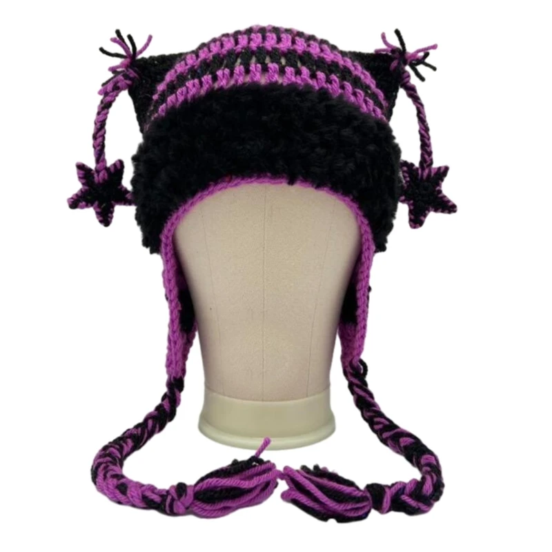 Crocheted Ears Hat For Girls Striped Kitten Gifts Y2K Halloween Hat Adults