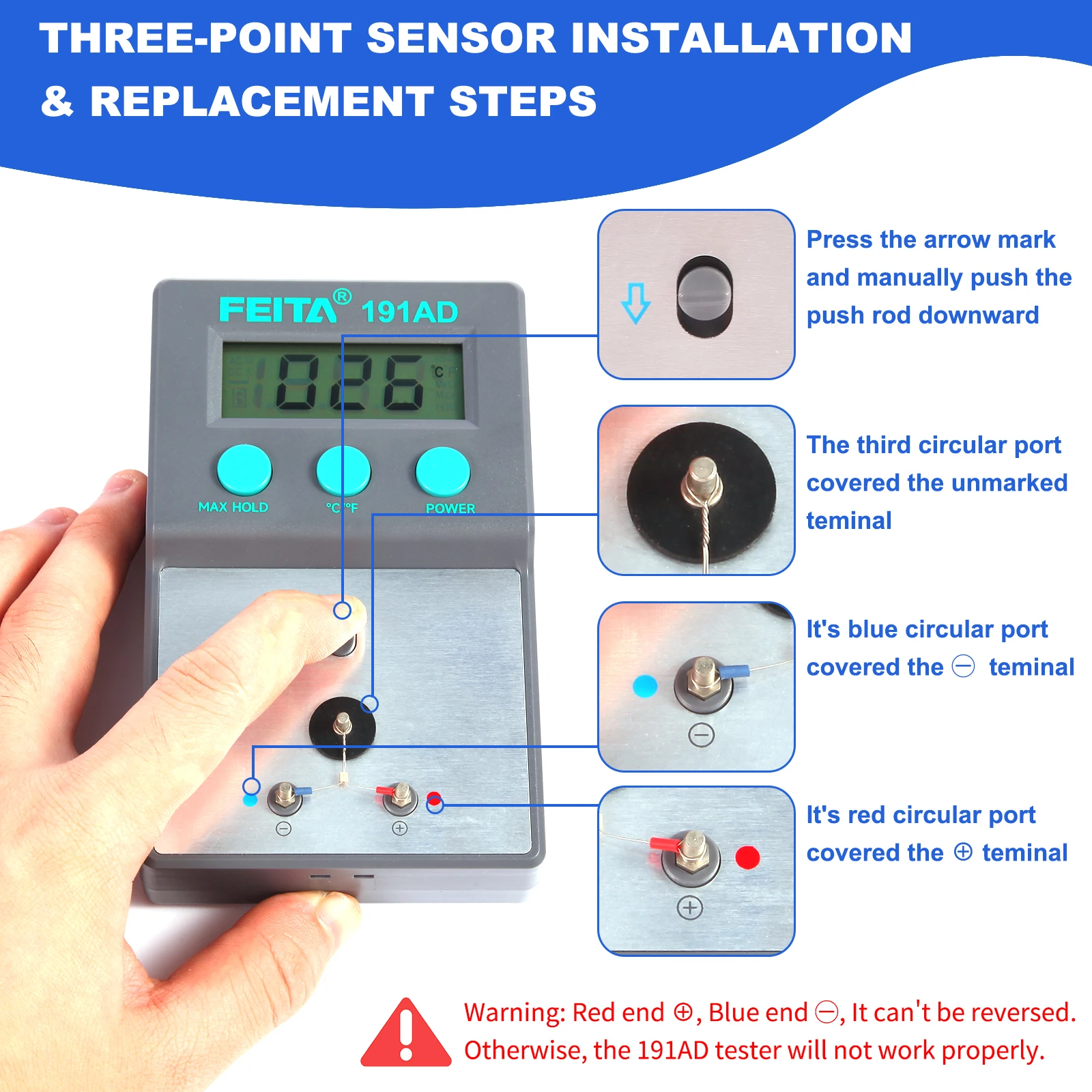 FT-191AD Soldering Tip Thermometer C / F Digital Soldering Iron Temperature Tester with MAX Hold, 10 Sensors, K Type Thermo Kit