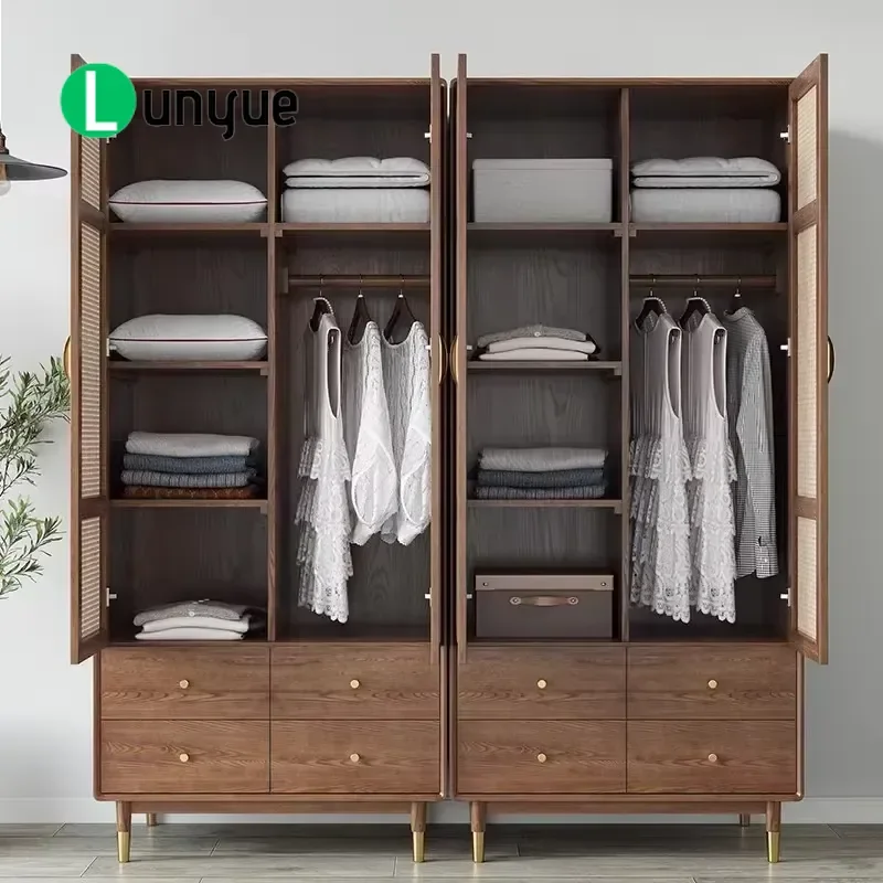 Custom Wood Rattan Wardrobe Japanese Style Modern Furniture Cabinet with Drawers for Hotel Bedroom Wholesale Storage Solution