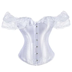 Women Lace Short Sleeves Corset Waist Bustier Top Black White Neck Close-fitting Tops