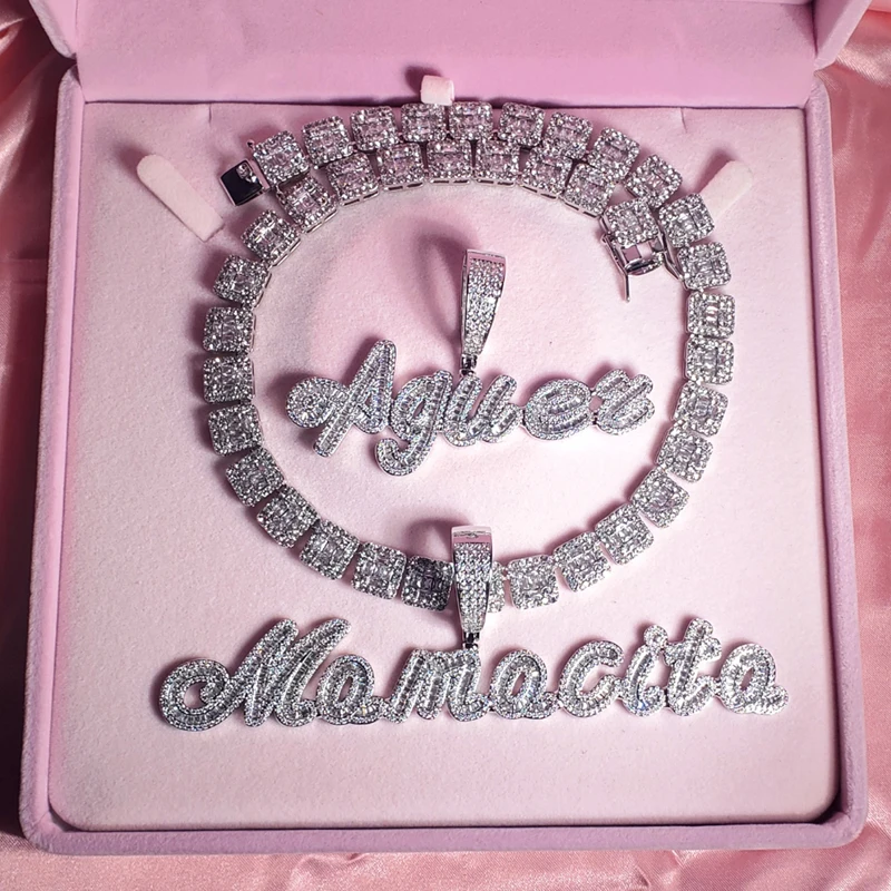 Collar con colgante de nombre y letras, cadena de Baguettes con diamantes de imitación, con pincel personalizado, envío directo