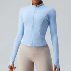 New Women's Long Sleeves Sports Running Shirt Breathable Gym Workout Top Women's Yoga Jackets with Zipper with Finger Holes