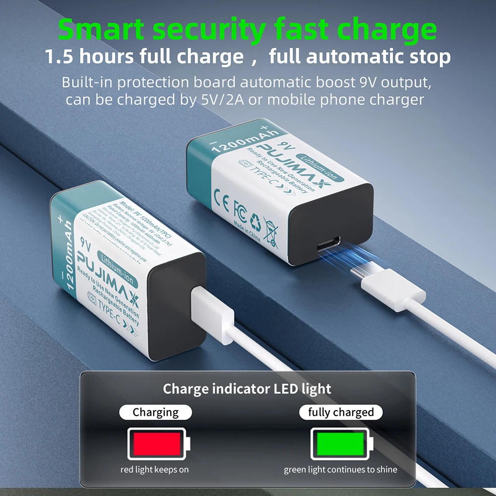PUJIMAX USB 9V Rechargeable Battery 1200mAh Type-C Rechargeable 9V Li-ion Battery for Helicopeter Model Multimeter Smoke Alarm