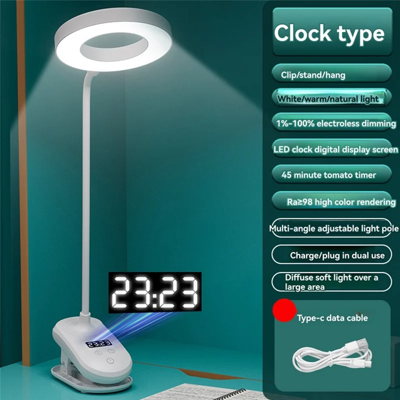 LICE-Clip LED مصباح مكتبي دراسة حماية العين مع ساعة طالب عنبر مصباح مكتبي غرفة نوم أباجورة