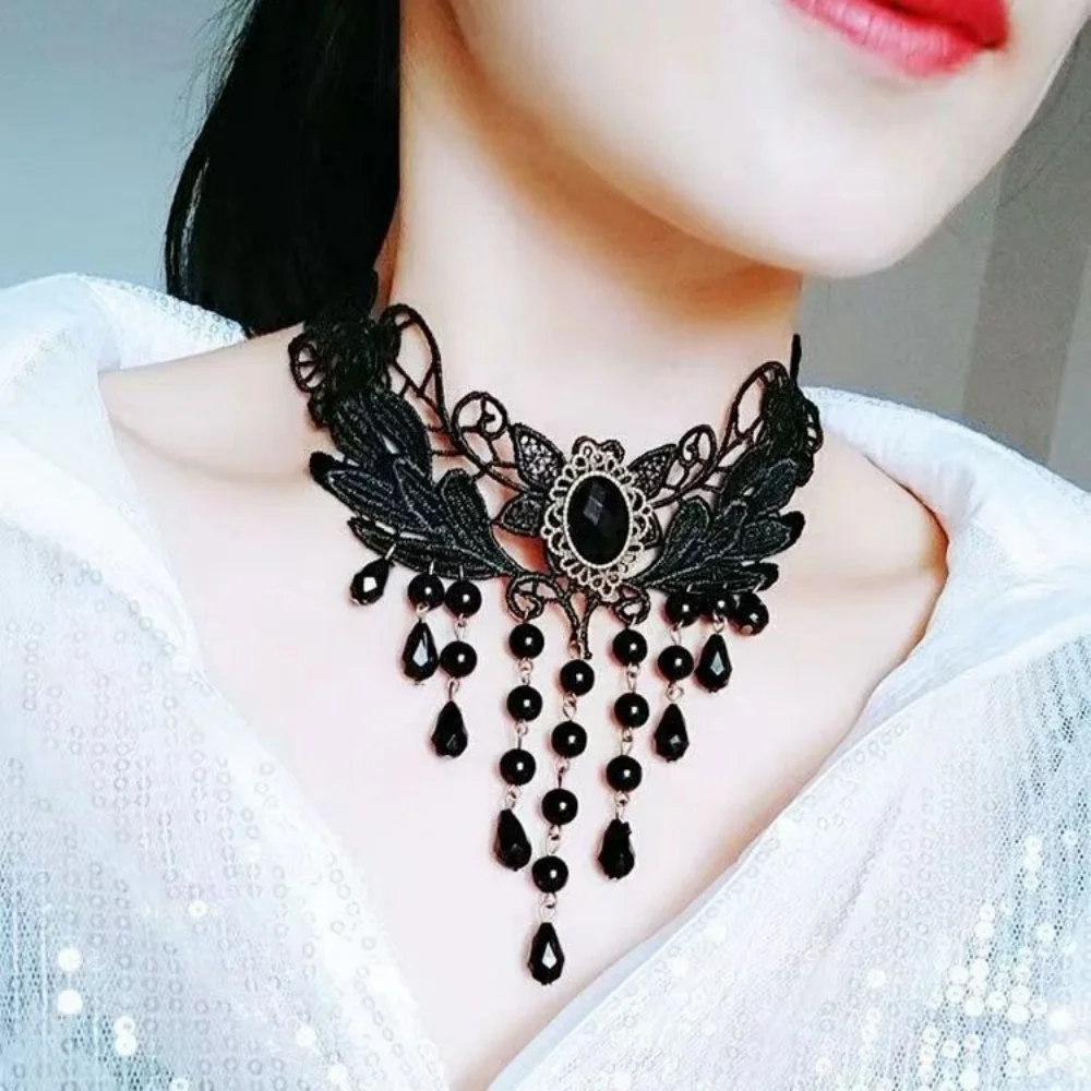 Gothic Black Lace Beaded Sexy Choker Necklace For Women\'S Loli Girl Chain necklace neckband Halloween Party Wedding Trendy Prom