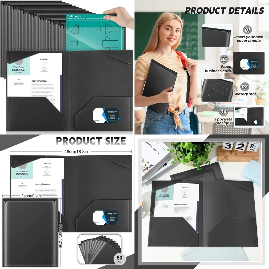 

60-х шт. сверхпрочные пластиковые папки для файлов с прозрачными передними карманами и двумя карманами плюс слот для карт для студенческой связи Schoo