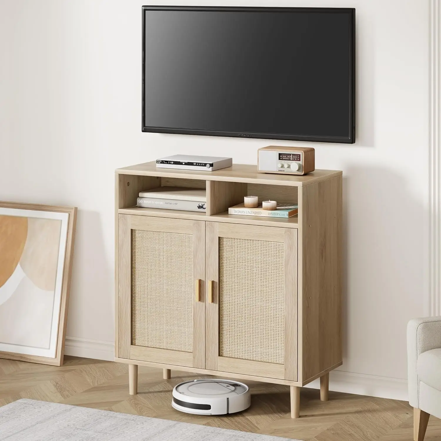 Rattan Sideboard Buffet Cabinet with 2 Doors & 2 Shelves Kitchen Sideboard Cabinet with Large Storage Space Accent Console Table