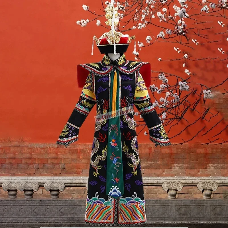 จีน Qing Dynasty Royal Dragon Robe Manchu จักรพรรดิ Queen High-End ปักเครื่องแต่งกายเสื้อผ้าการถ่ายภาพชุด