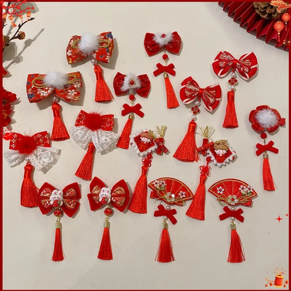 Pinzas para el cabello de Año Nuevo Chino, cinta con lazo bonito, tocado rojo, accesorios para el cabello con bendición de la suerte, horquillas de terciopelo para mujeres y niñas, 2 uds.