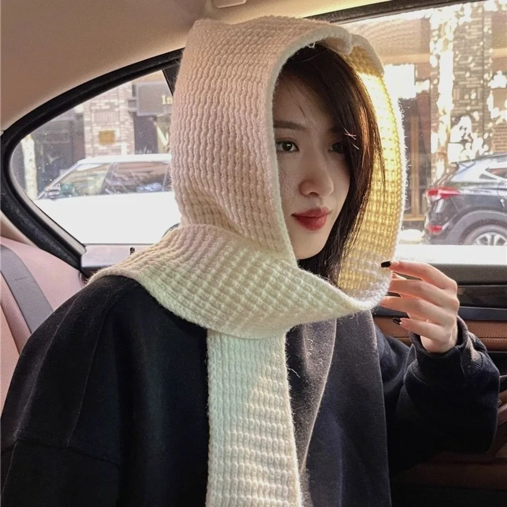 Acrylic Fibres Knitted Hooded Caps Soft Ear Protection Neck Collar Beanies Caps Thickened Keep Warm Winter Neckerchief Hat