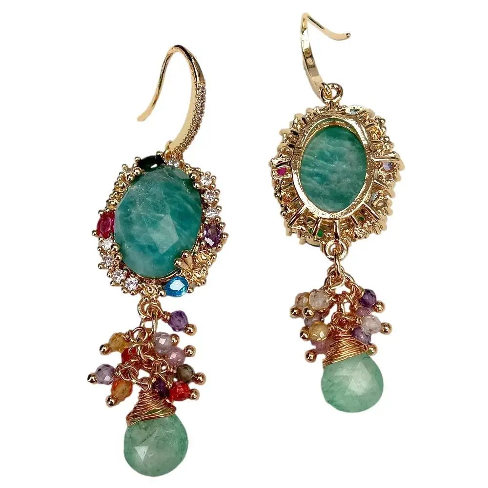

YYGEM Natural Green Amazonite Multi Color Crystal Hook Earrings