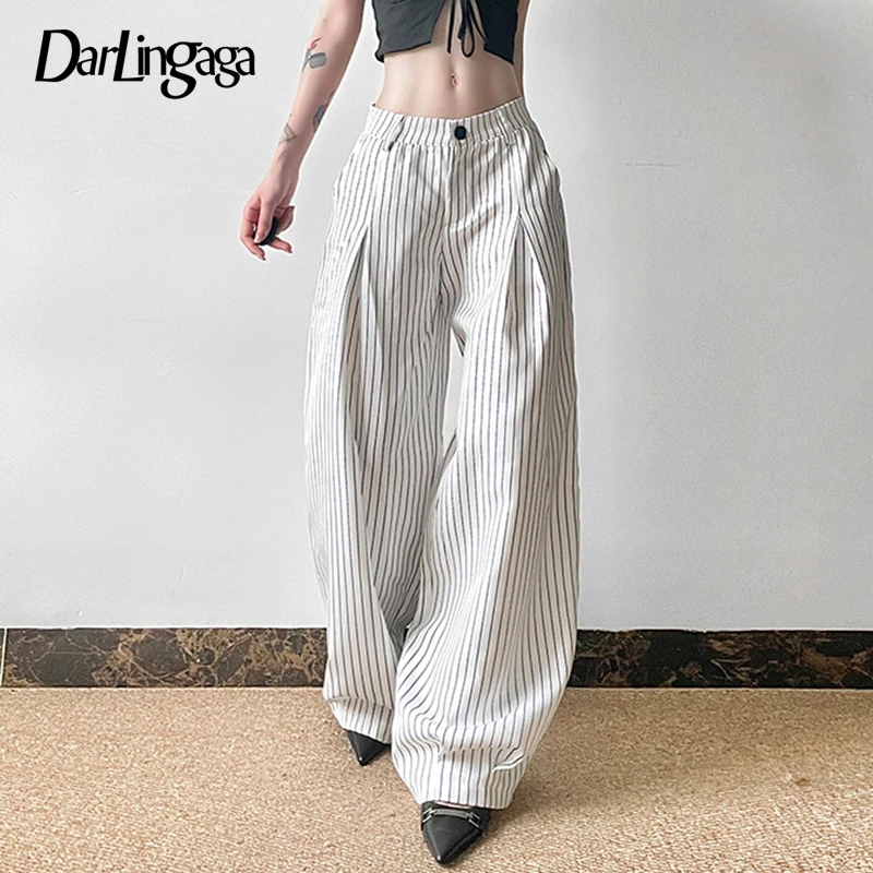 Darlingaga Streetwear Stripe White Loose Women Trousers Straight Leg Draped Casual Basic Suit Pants Korean Style Outfits Bottoms