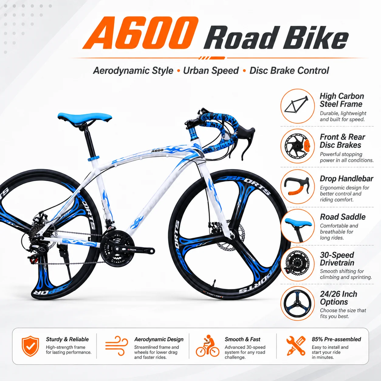 Road Bike 24/26 Inch 30-Speed High Carbon Steel Racing Bicycle Dual Disc Brakes Tri-Spoke/Deep Rim