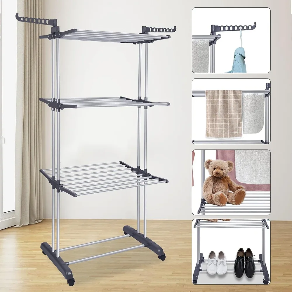 Bigzzia Clothes Drying Rack Folding Drying Clothing 4 Tier Clothes Horses Stainless Steel Laundry