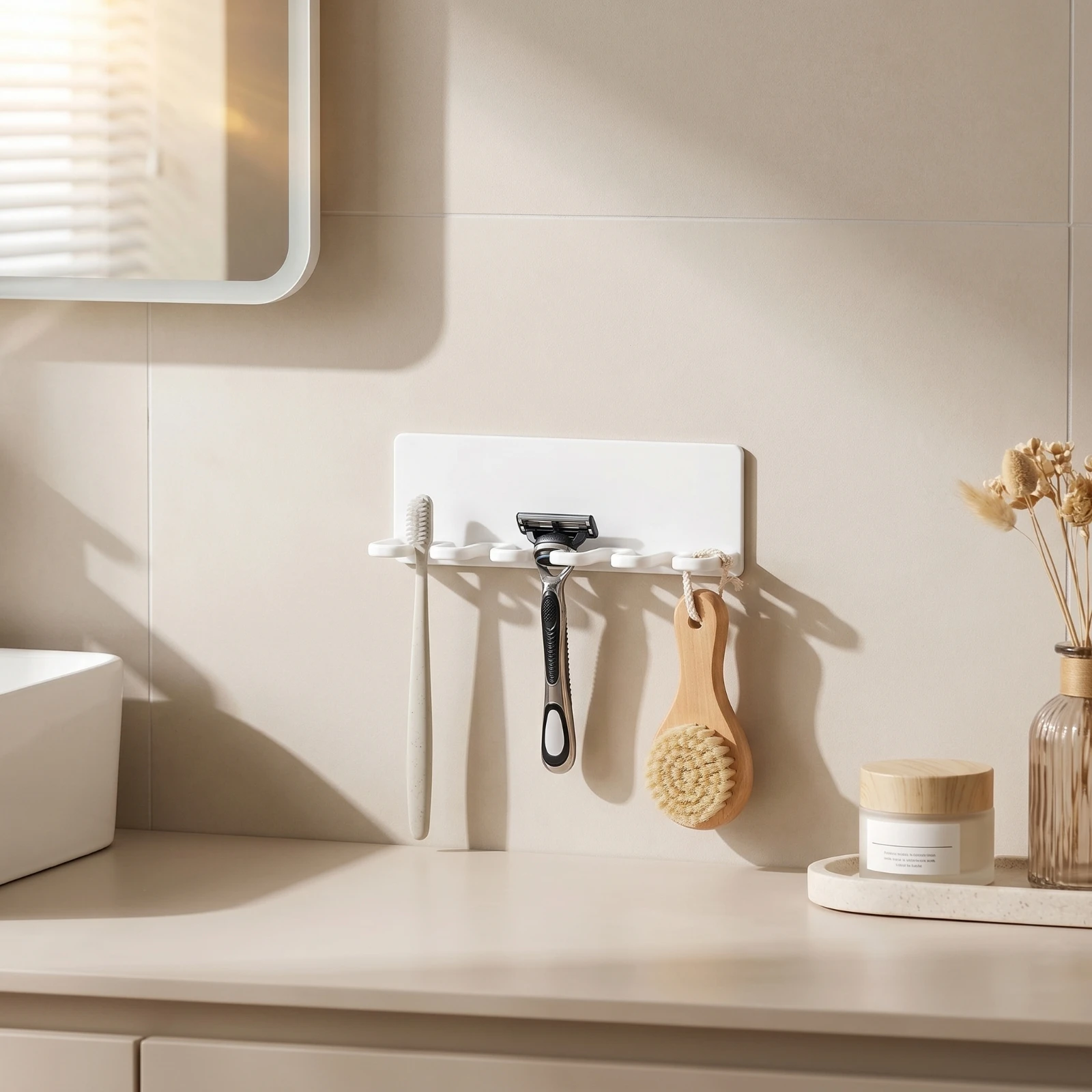 No-Drill Bathroom Organizer Sleek Bathroom Hanger Rack Wall-Mounted Rack with Hooks Simple Sturdy for Renters, Dorm Room
