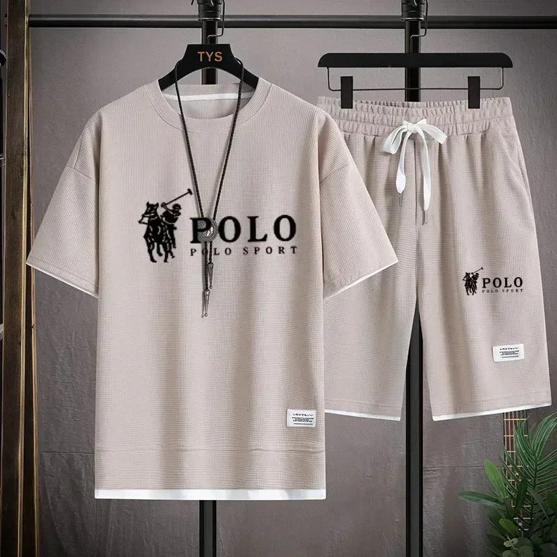 2026 Men's Summer Waffle 2 Piece Set Short Sleeve T-Shirt Sports Shorts Fashion Breathable Casual Tracksuit Gym Running Clothing view 4