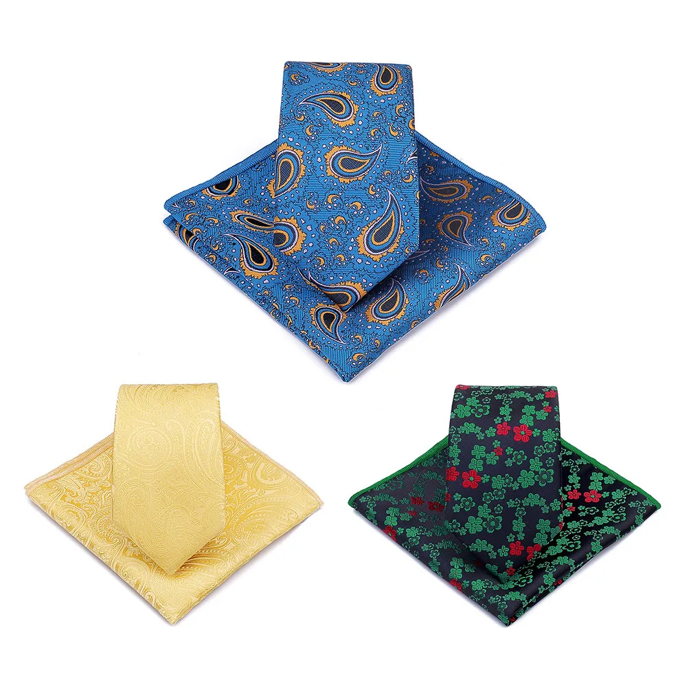 VEEKTIE Brand Pocket Square Set Fashion Neckties For Men 6cm Slim Hanky Handkerchief Paisley Floral Flower Green Blue Brown Suit