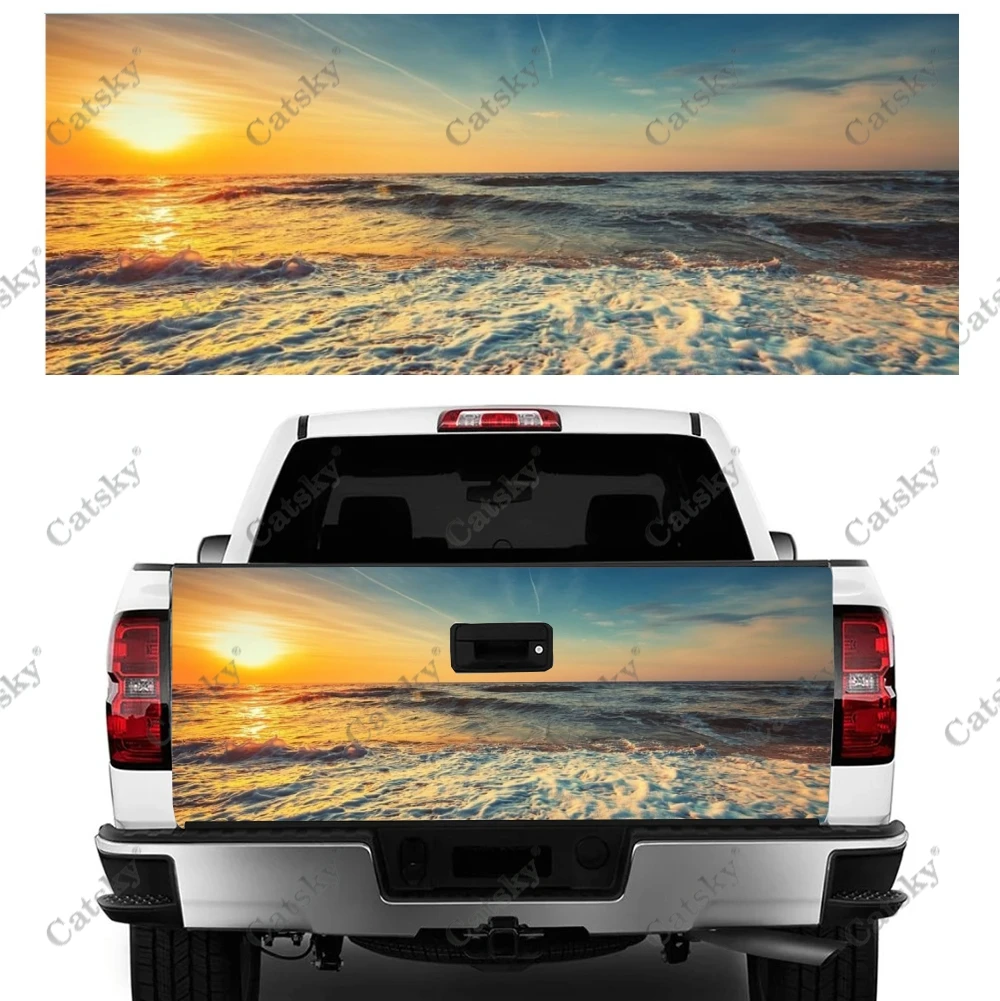 Beach Waves Sunrise Car Tail Trunk Protect Vinly Wrap Sticker Auto Accessories Hood Decor Engine Cover for SUV Off-road Pickup