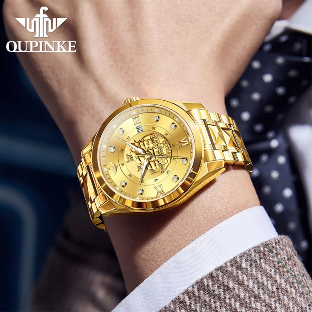 ساعات رجالية OUPINKE 3302 ذهبية فاخرة موضة أصلية ساعة ميكانيكية أوتوماتيكية للرجل التنغستن الصلب الياقوت مرآة التاريخ