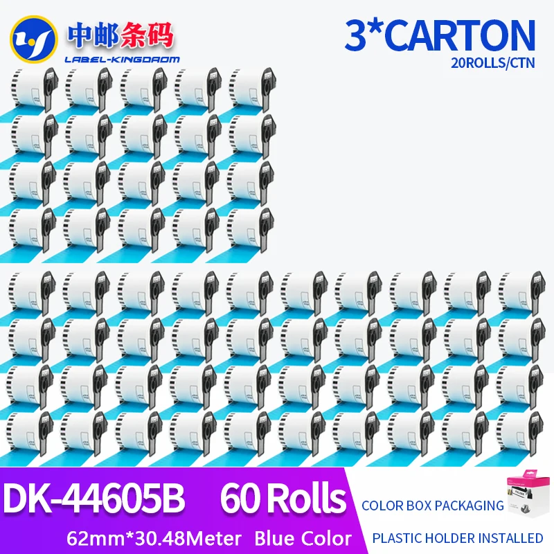 60 Rolls Generic Brother DK-44605 Label 62mm*30.48M Blue Color Compatible for Brother QL-570/700 All Includ With Plastic Holder