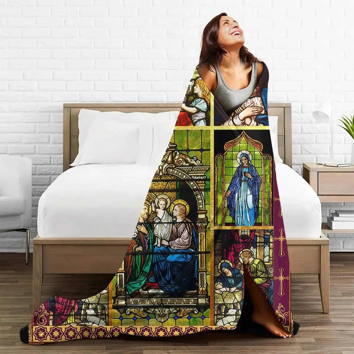 

Baby Blanket Jesus Virgin Mary Christian Catholic Plaid Flannel Spring Autumn Thin Lightweight Throw Blanket for Bed Couch Quilt