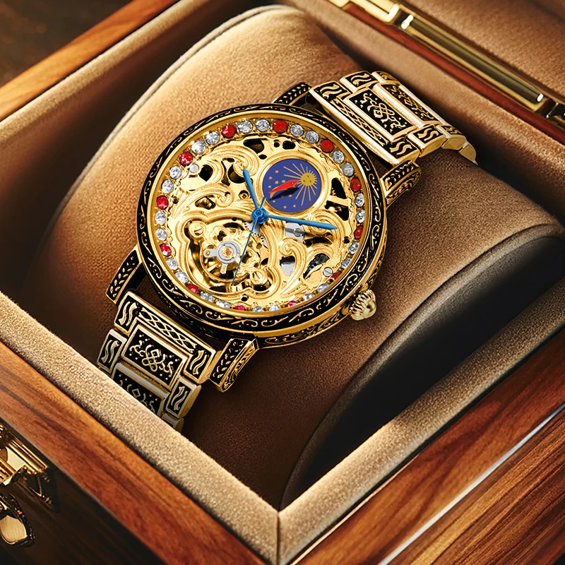 

Мужские винтажные механические часы в королевском стиле с золотым и красным солнцем и луной с гравировкой на стальном ремешке