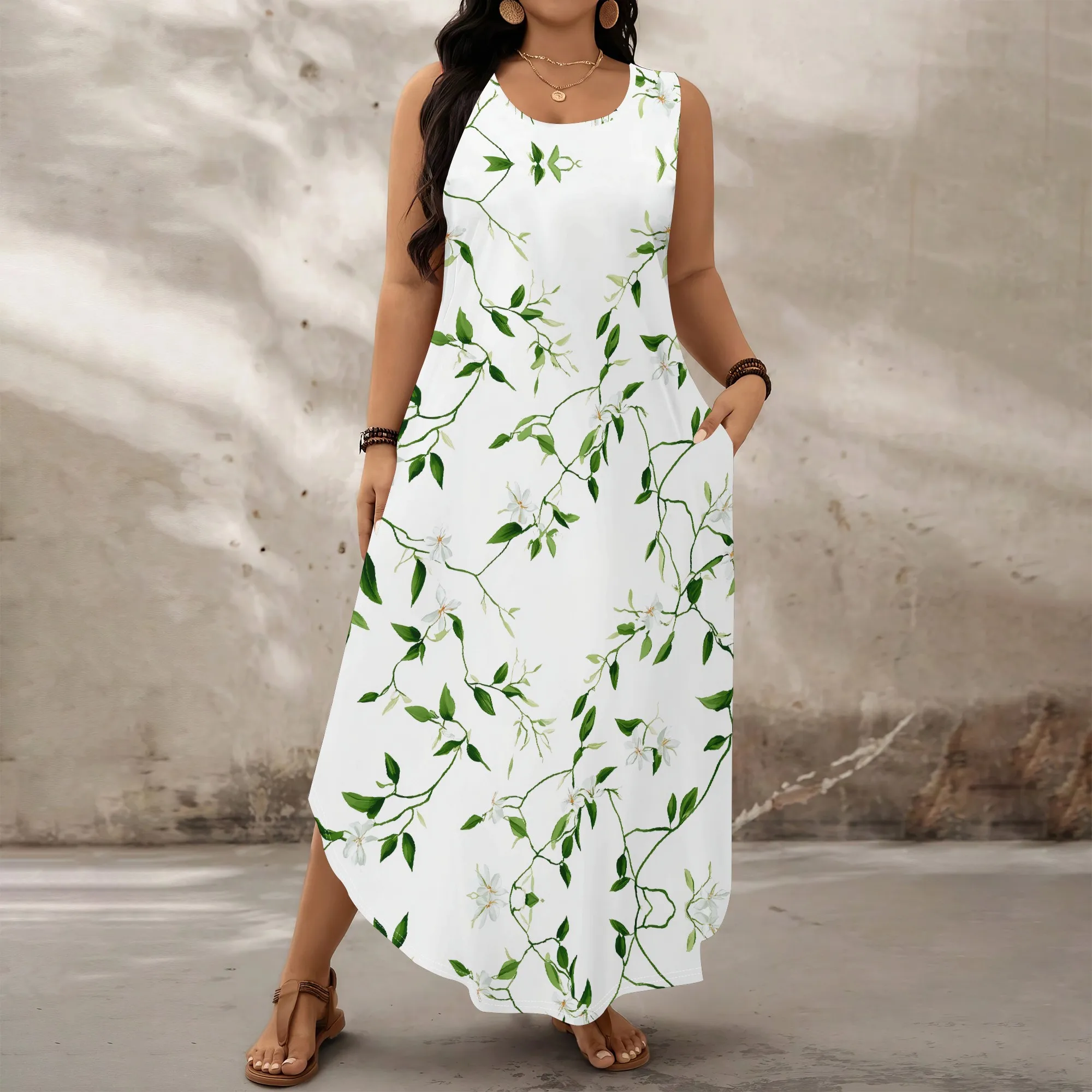 

Plus Size Sleeveless Leaf Print Maxi Dress for Women XL-6XL 2025 White Green Casual Loose Fit Summer Beach Dress with Pocket