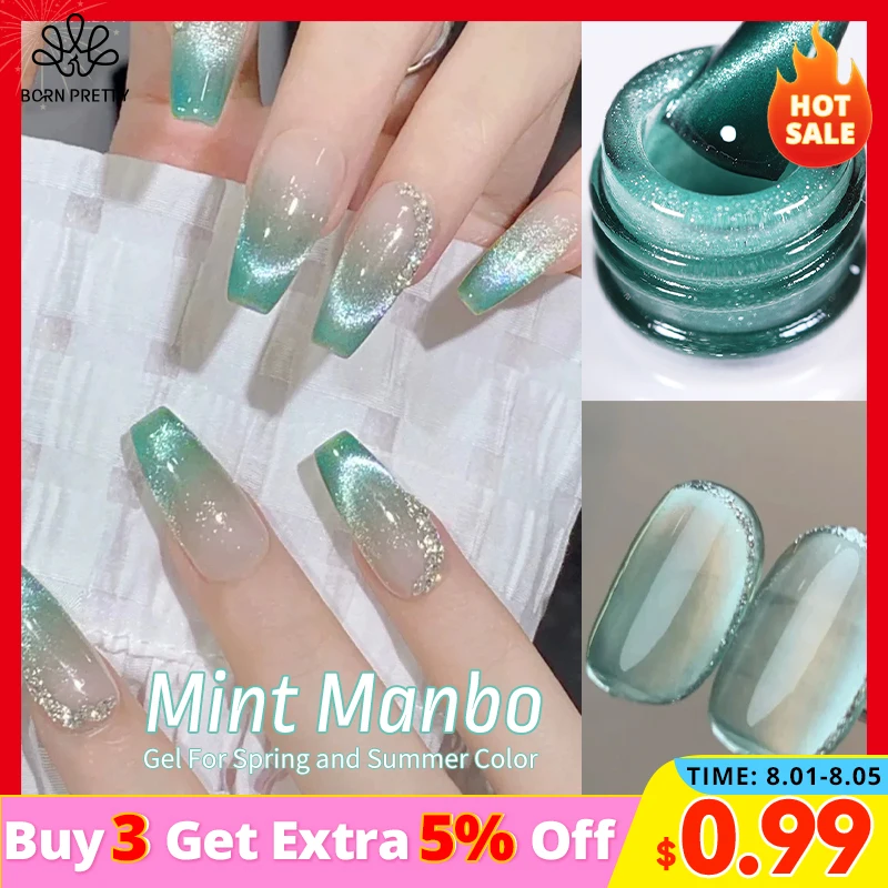 

BORN PRETTY Mint Green Color Cat Magnetic Gel Nail Polish Sparkle Glitter Gel Varnis Semi Permanent 10ml for Summer Manicure DIY