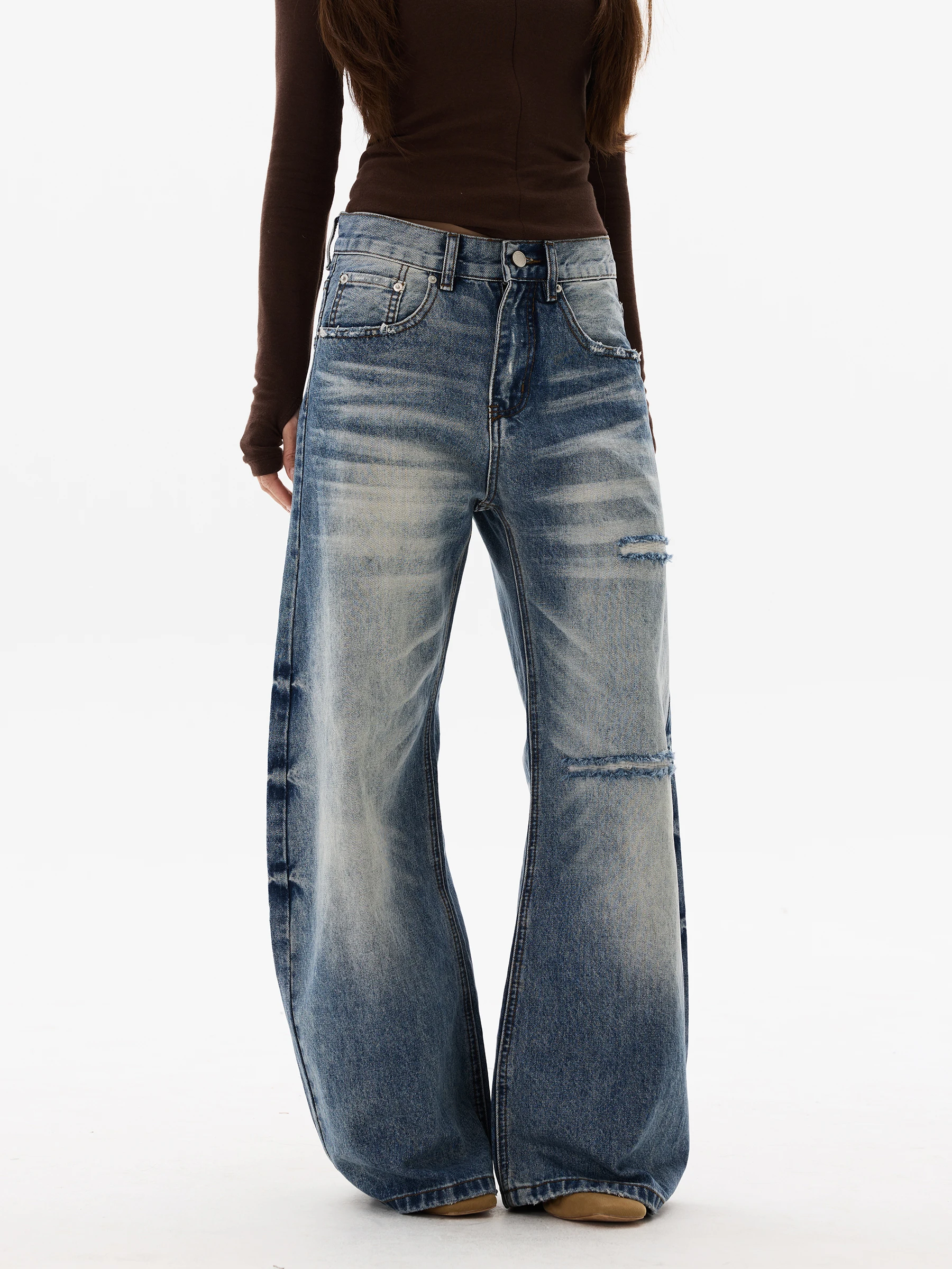 Retro American Washed Patchwork Hole Knife Jeans Men Women Design Sense Jeans Couple Jeans Trendy Denim Pants Casual Wear