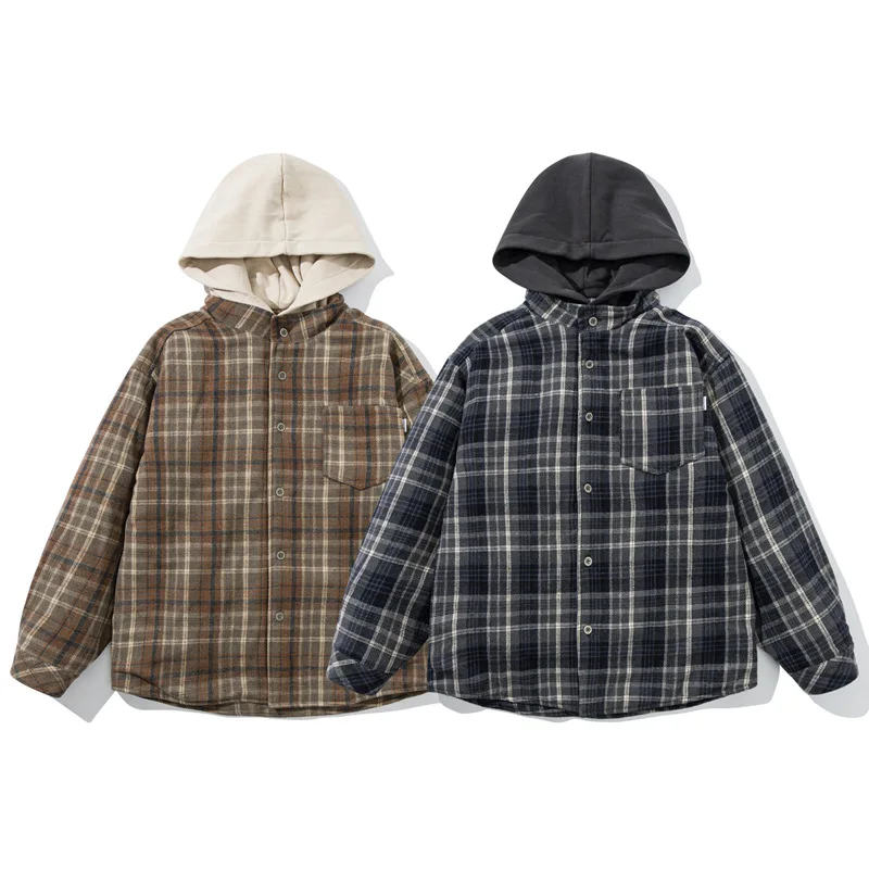 

Зимнее винтажное шерстяное пальто в клетку с капюшоном, свободного кроя, модная хлопковая куртка в городском стиле, удлиненная, из полиэфирного волокна