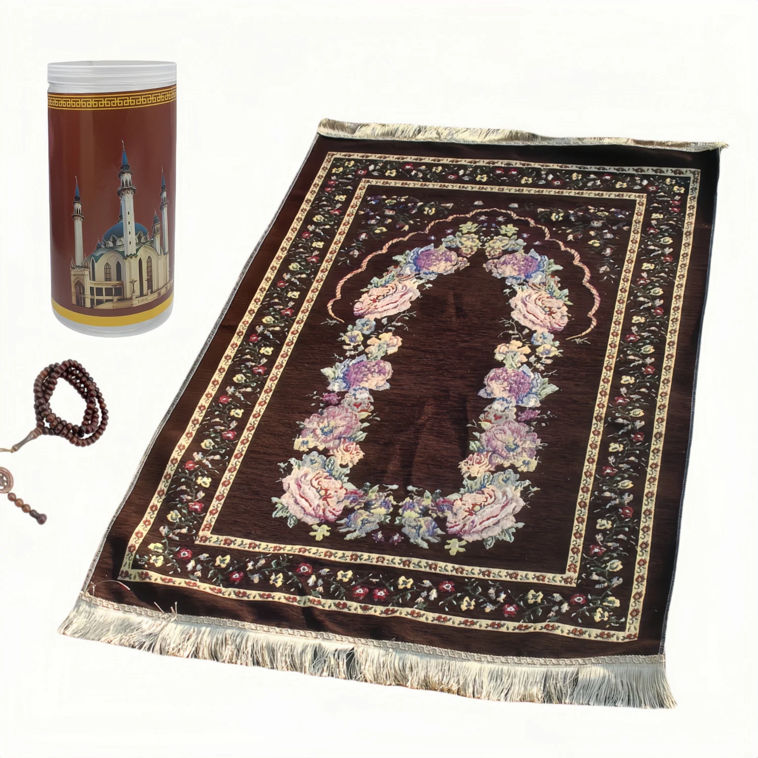 Bucket-style prayer mat with small floral print, portable cylindrical hand-held storage design for home and outdoor use