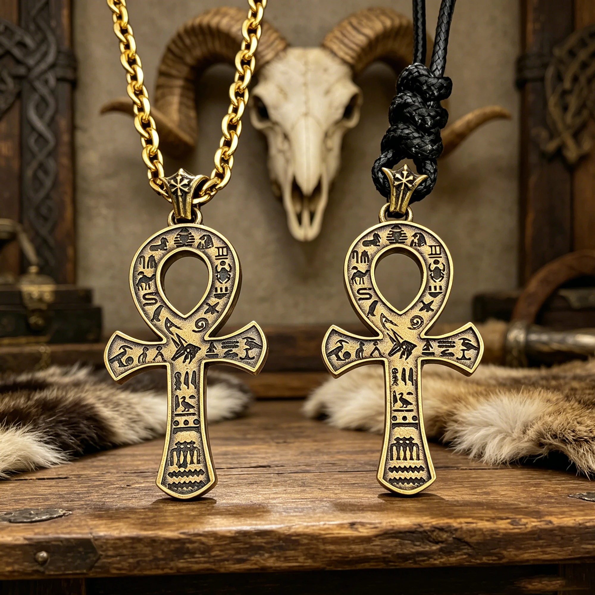 Ancient Egyptian Ankh Cross Pendant Unisex Copper Necklace Anubis Totem Symbol Vintage Trendy Statement Jewelry Holiday Gift for