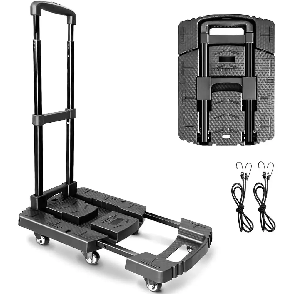 Folding Hand Truck 650LB Heavy Duty Luggage Cart Portable 6 Wheels Collapsible Dolly with Elastic Ropes Airport Use