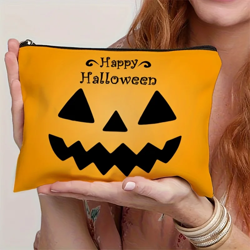 Halloween Makeup Bag with a Quirky Pumpkin Face Design - a Candy Collection Pouch That Doesn'T Fade, a Washable Toiletry Bag, Li