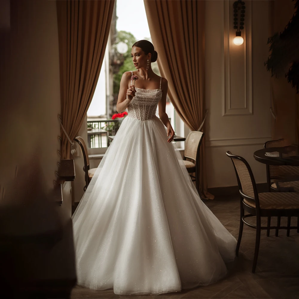 Customized Strapless Sleeveless Lace Top Glitter Skirt Bride Gown A-Line Wedding Gown Backless Lace Up robe de mariée