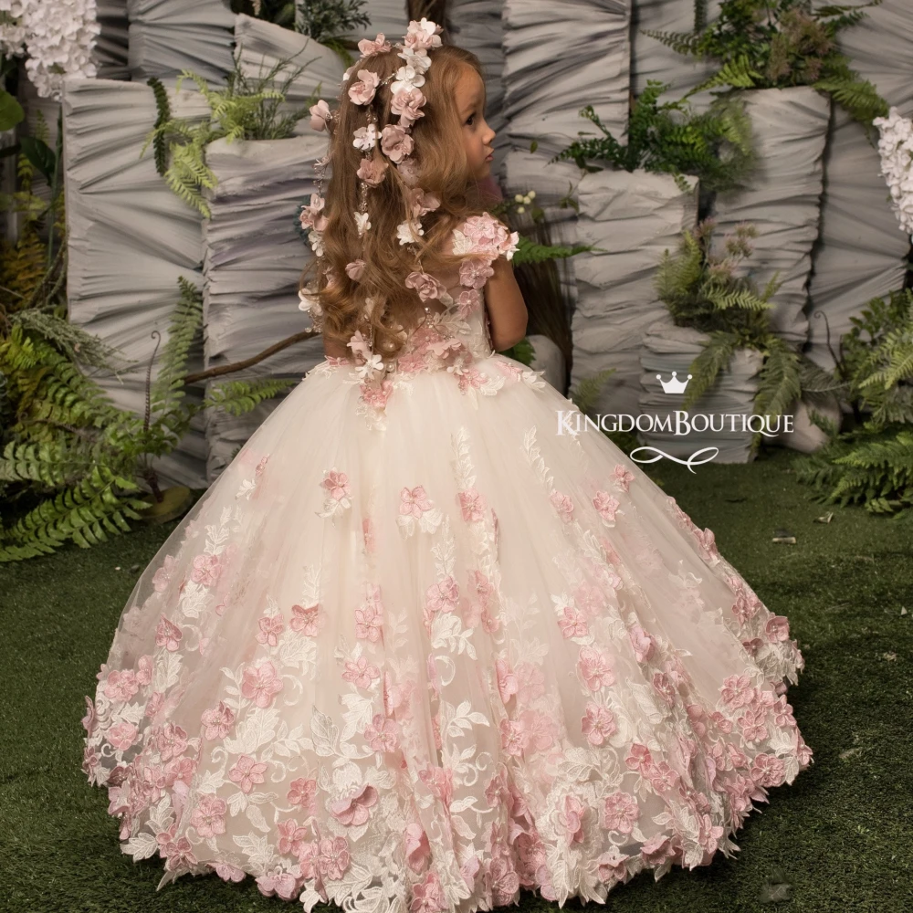 Lorencia-vestido de niña de flores rosa para boda, vestido de baile Formal con apliques de encaje Floral 3D, primera comunión, vestido de desfile YFD016