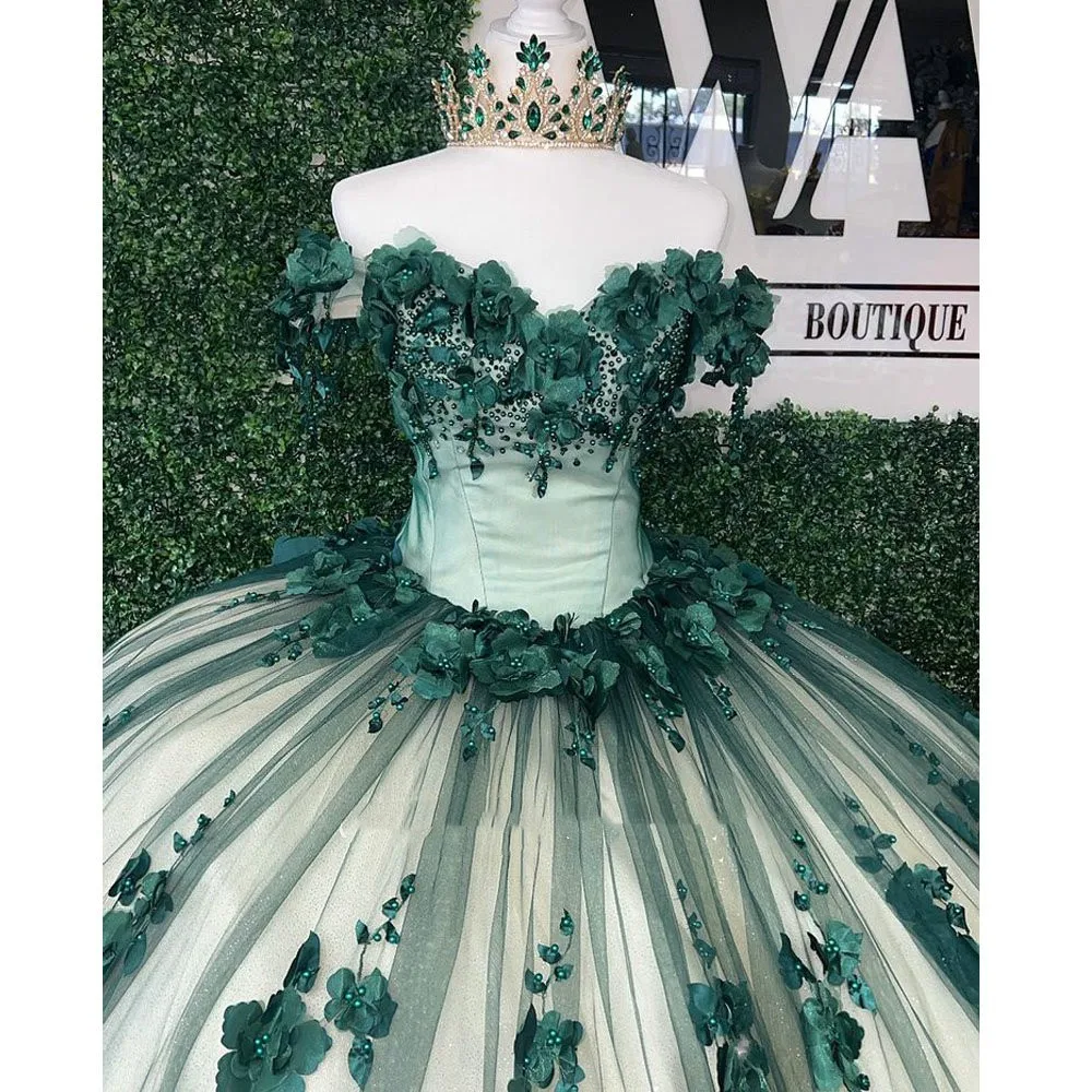 Grün Quinceanera Kleider Ballkleid Weg Von Der Schulter Tüll Appliques Perlen Puffy Mexikanischen Süße 16 Kleider 15 Anos